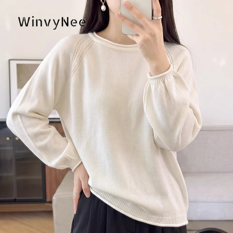 Damen Pullover Rundhals Langarm Strickpullover lockerer Schnitt