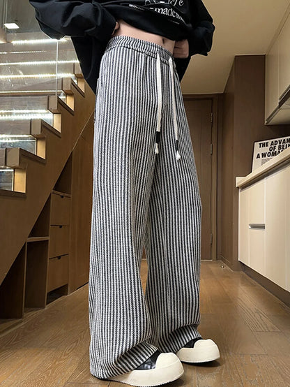 Unisex Freizeithose mit Fischgrätmuster Braun Weiß Kordelzug lockere Passform