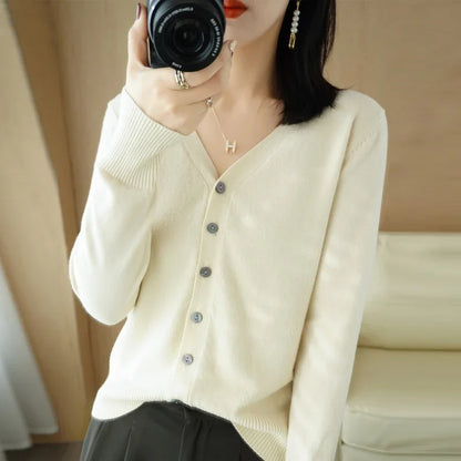 Damen Cardigan V-Ausschnitt Langarm Strickjacke mit Knöpfen