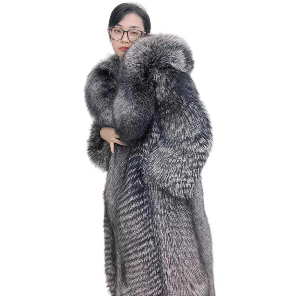 Damen Langer Pelzmantel mit Kapuze Grau/Silber Optik