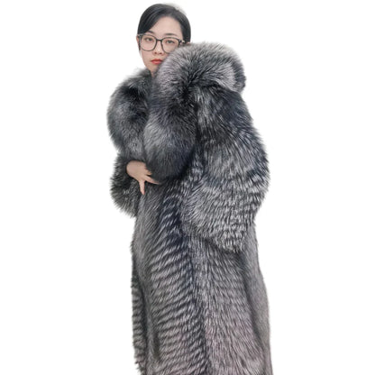 Damen Langer Pelzmantel mit Kapuze Grau/Silber Optik