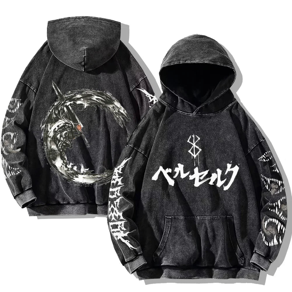 Oversized Kapuzenpullover Dunkelgrau mit Front- und Rückenprint und Ärmelprints