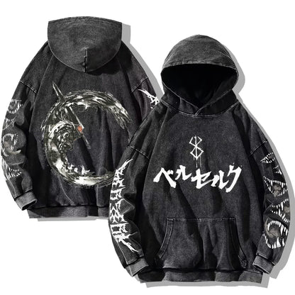 Oversized Kapuzenpullover Dunkelgrau mit Front- und Rückenprint und Ärmelprints