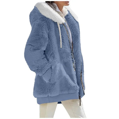 Damen Flauschige Kapuzenjacke mit Reißverschluss und Bauchtaschen