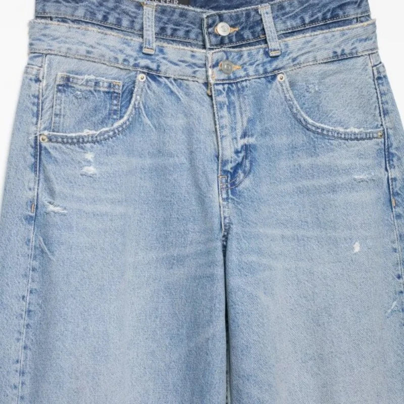 Damen Jeans Wide Leg Hellblau Used-Look mit Rissen High Waist