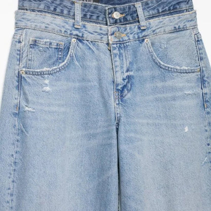 Damen Jeans Wide Leg Hellblau Used-Look mit Rissen High Waist