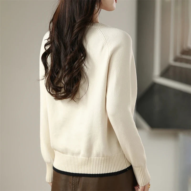 Damen Pullover Rundhals Langarm Strickpullover Einfarbig