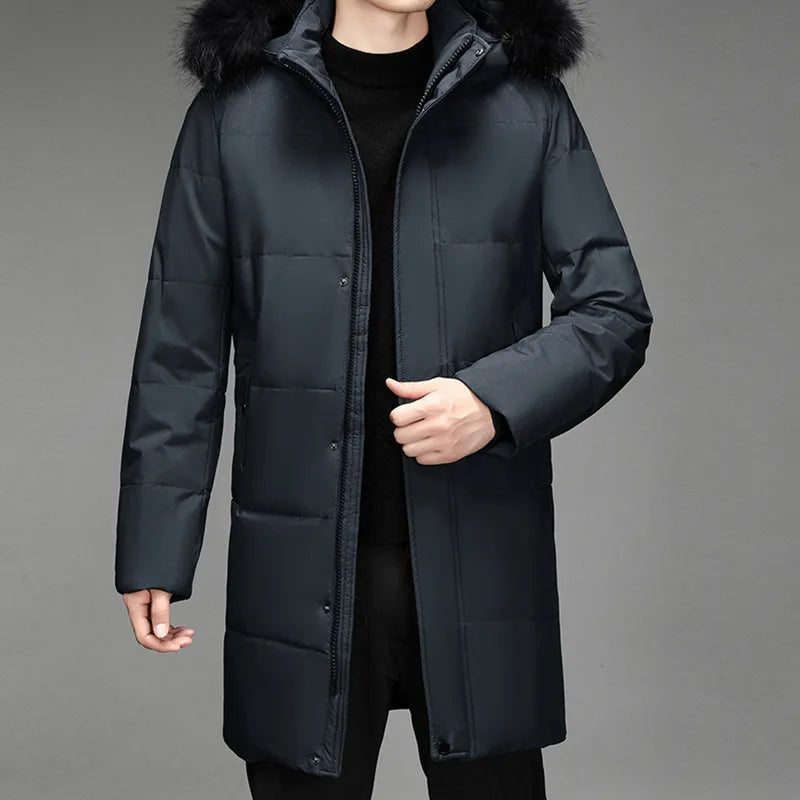 Herren Winterparka Schwarz mit Kapuze und Pelzbesatz