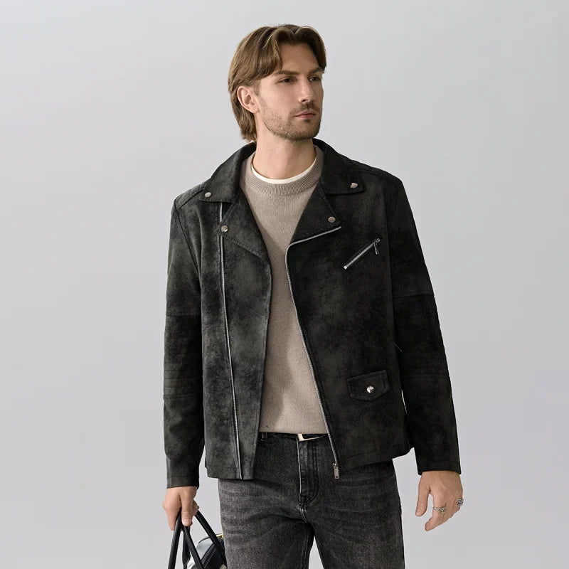 Herren Bikerjacke Wildleder-Optik Asymmetrischer Reißverschluss Braun