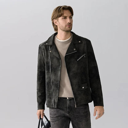 Herren Bikerjacke Wildleder-Optik Asymmetrischer Reißverschluss Braun