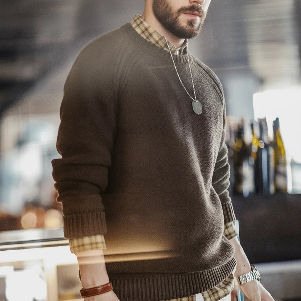 Herren Rundhals Strickpullover Braun Langarm