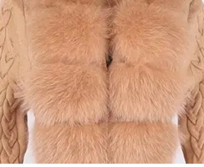 Damen Strickmantel Lang mit Kunstfellbesatz Zopfmuster Kapuze Winter