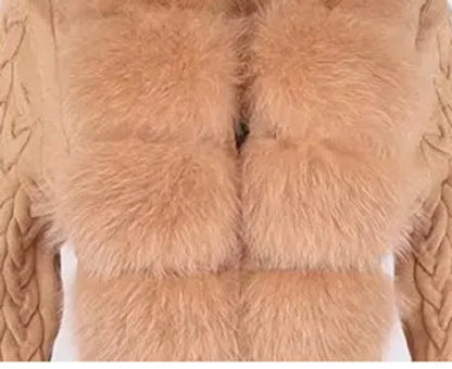 Damen Strickmantel Lang mit Kunstfellbesatz Zopfmuster Kapuze Winter