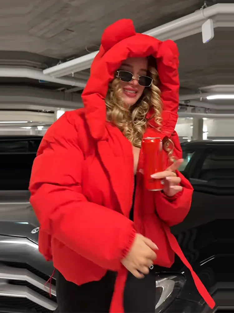 Damen Steppjacke mit Kapuze und Ohren Kurze Pufferjacke