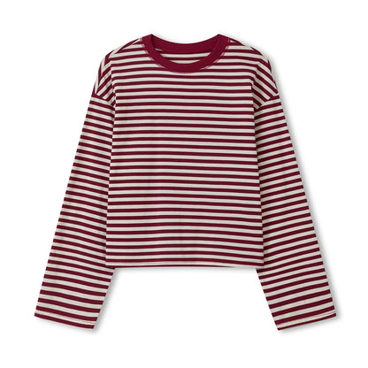 Gestreiftes Langarm Cropped Top Rundhals Damen