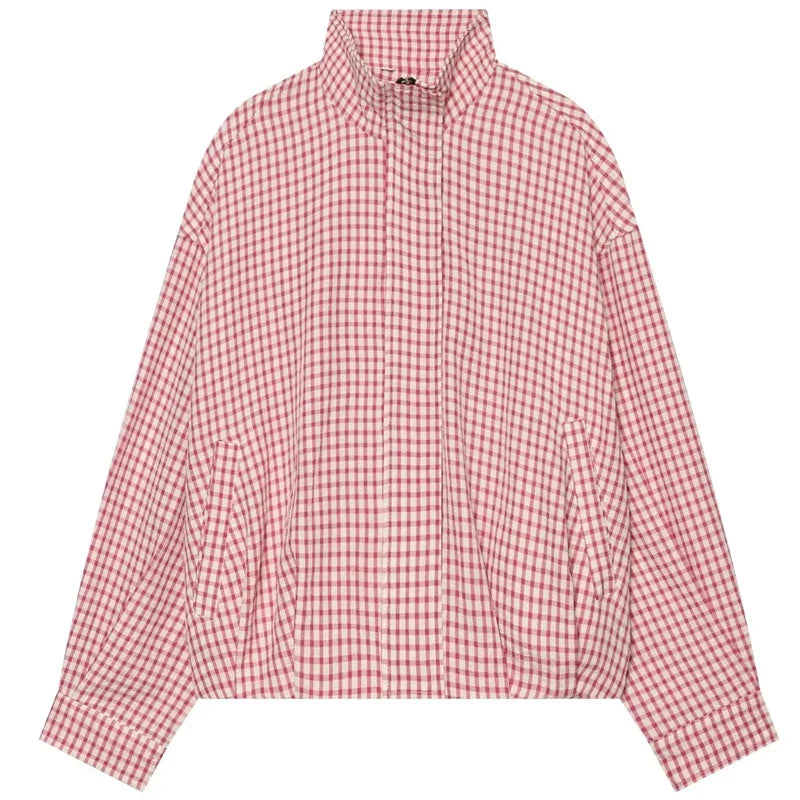 Damen Karo Hemd Stehkragen Oversize Bluse Lange Ärmel
