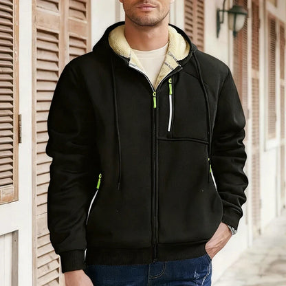 Herren Kapuzenjacke mit Reißverschluss, warmes Fleecefutter, Schwarz