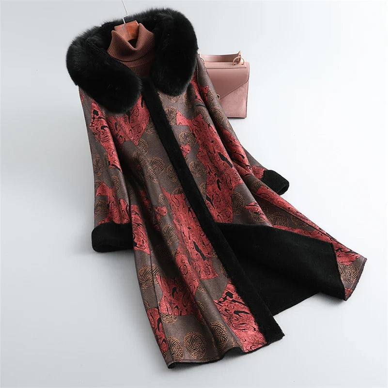 Damen Mantel mit Pelzkragen, gemustert, lang, warmer Winterparka