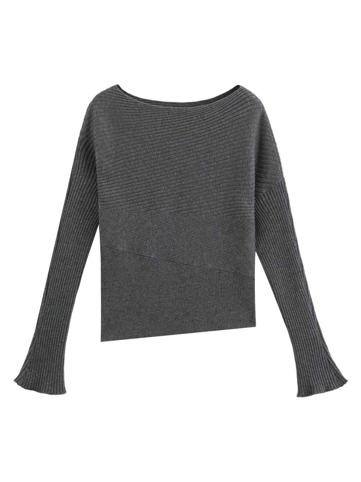 Damen Rippstrick Pullover U-Boot-Ausschnitt Langarm Beige
