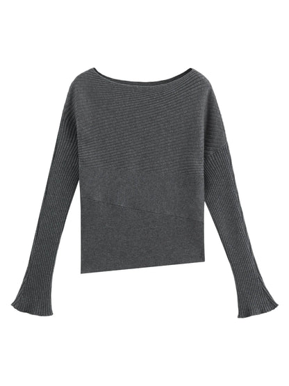 Damen Rippstrick Pullover U-Boot-Ausschnitt Langarm Beige