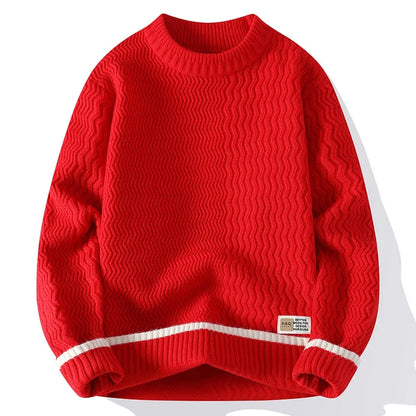 Unisex Rollkragenpullover mit Wellenmuster und Kontraststreifen – Gemütlicher Strickpullover