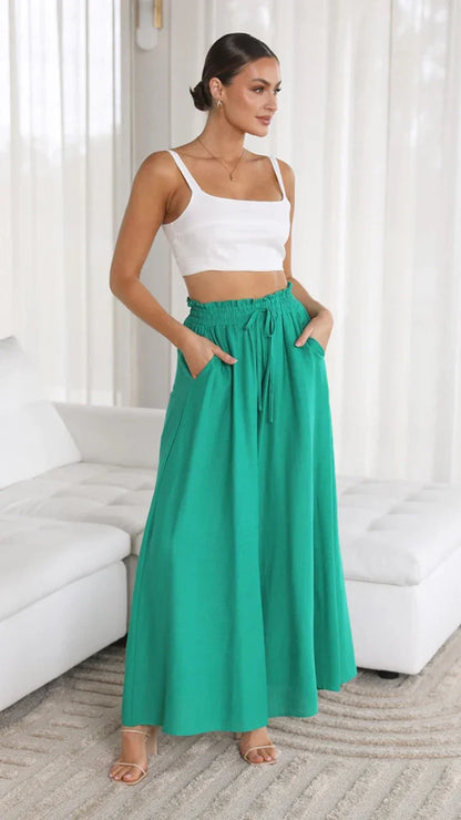 Damen Weite Hose mit Hohem Bund und Kordelzug, Lockere Palazzo-Hose