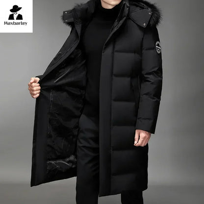 Herren Winter Steppmantel Lang Kapuze Pelzimitat Schwarz