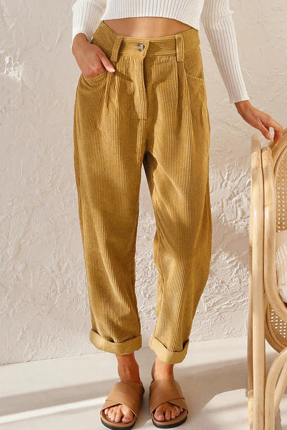 Damen Cordhose Plissee High Waist Cropped-Hose mit Falten