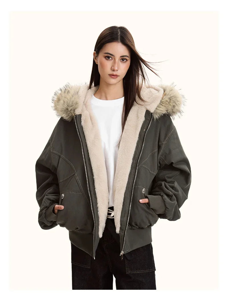 Damen Bomberjacke mit Kapuze und Fellimitat Futter - Warm Gefütterte Winterjacke