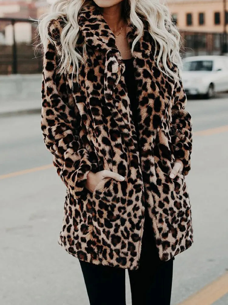 Damen Kurzmantel Leopard Print Plüschmantel