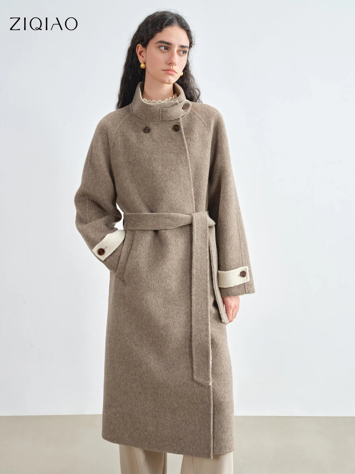 Damen Mantel Lang Wickeldesign Braun Stehkragen