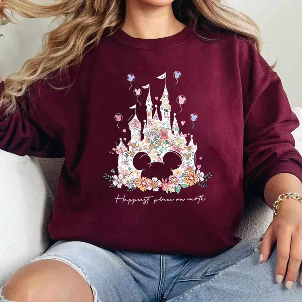 Damen Sweatshirt mit Blumen Schloss Motiv und "Happiest Place on Earth" Aufdruck