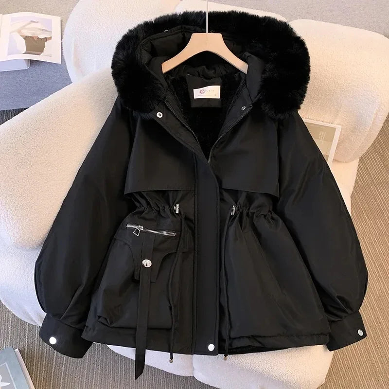 Damen Winterjacke Parka mit Kapuze und Kunstfellbesatz, verstellbare Taille