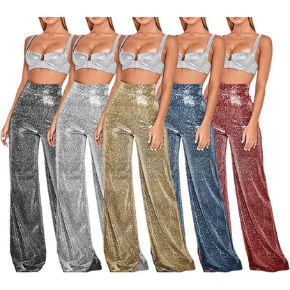 Damen Glitzer Zweiteiler Crop Top und Weite Hose Set Hochglanz Party Outfit