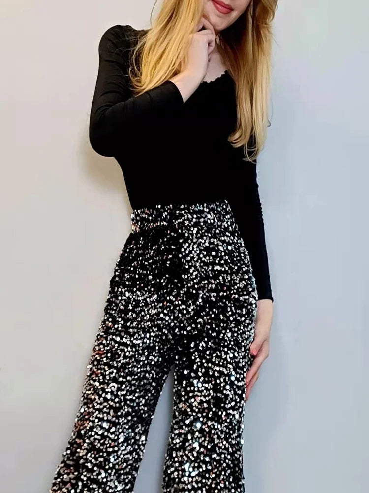 Damen Pailletten Hose Weites Bein – Glitzernde Freizeithose mit Elastischem Bund