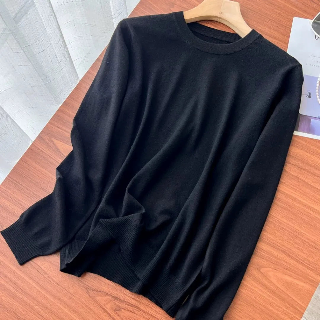 Damen Rundhals Pullover Langarm Feinstrick Basic Shirt Mehrfarbig