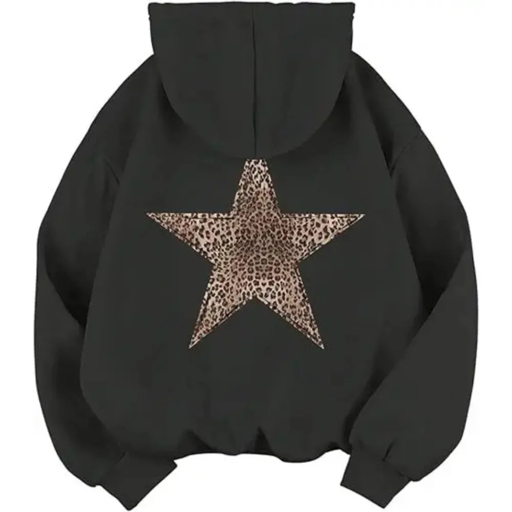 Hoodie Damen mit Leoparden-Stern Aufdruck auf dem Rücken – Oversized Kapuzenpullover