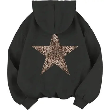 Hoodie Damen mit Leoparden-Stern Aufdruck auf dem Rücken – Oversized Kapuzenpullover