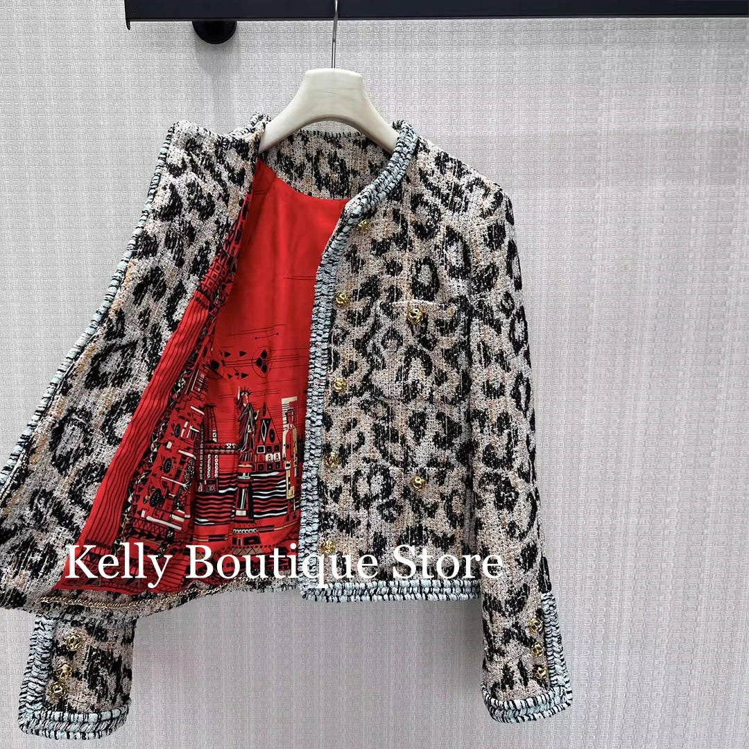 Damen Jacke Leopard-Print Bouclé Kurz geschnitten Goldknöpfe Langarm