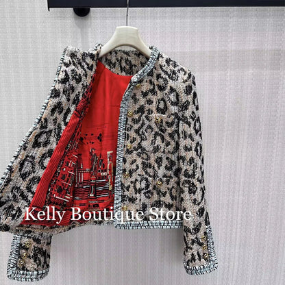 Damen Jacke Leopard-Print Bouclé Kurz geschnitten Goldknöpfe Langarm