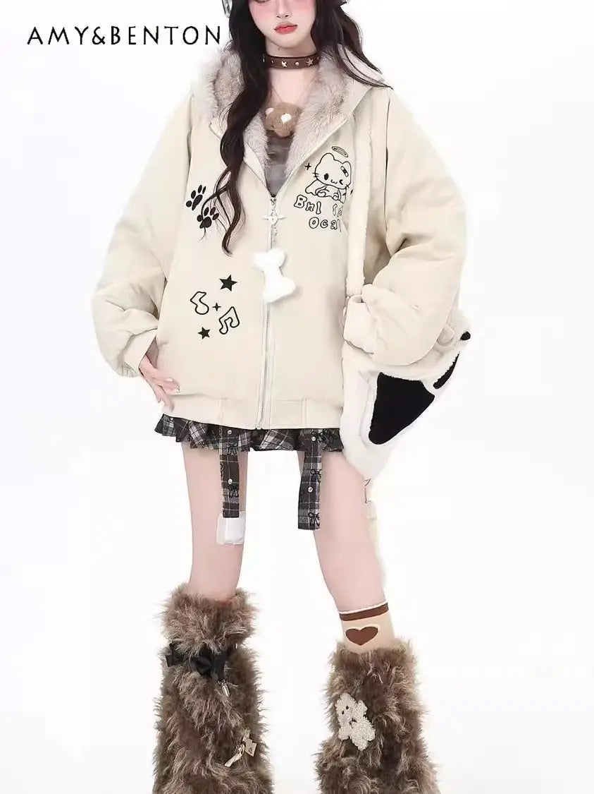 Damen Jacke mit Tierohren Kapuze, Plüschfutter und Stickerei