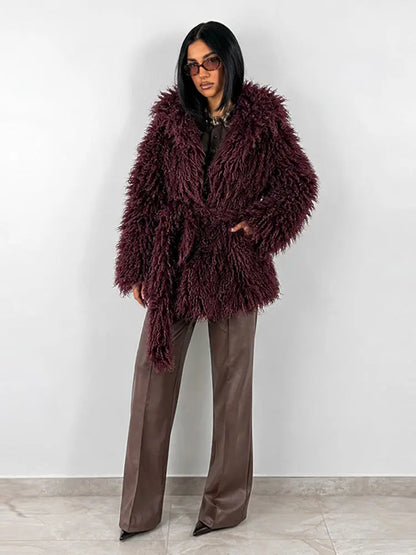 Damen Shaggy Kunstfell Jacke mit Kapuze und Bindegürtel, Langärmelig, Kurz geschnitten