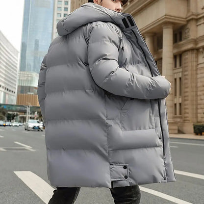 Herren Daunenparka Winterjacke mit Kapuze Stehkragen Lang Schwarz