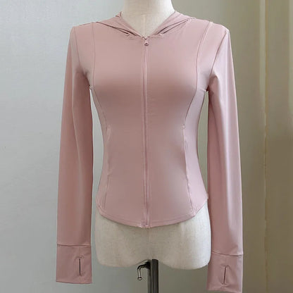 Damen Sportjacke mit Kapuze und Reißverschluss, tailliert, Daumenlöchern, langärmelig, Rosa
