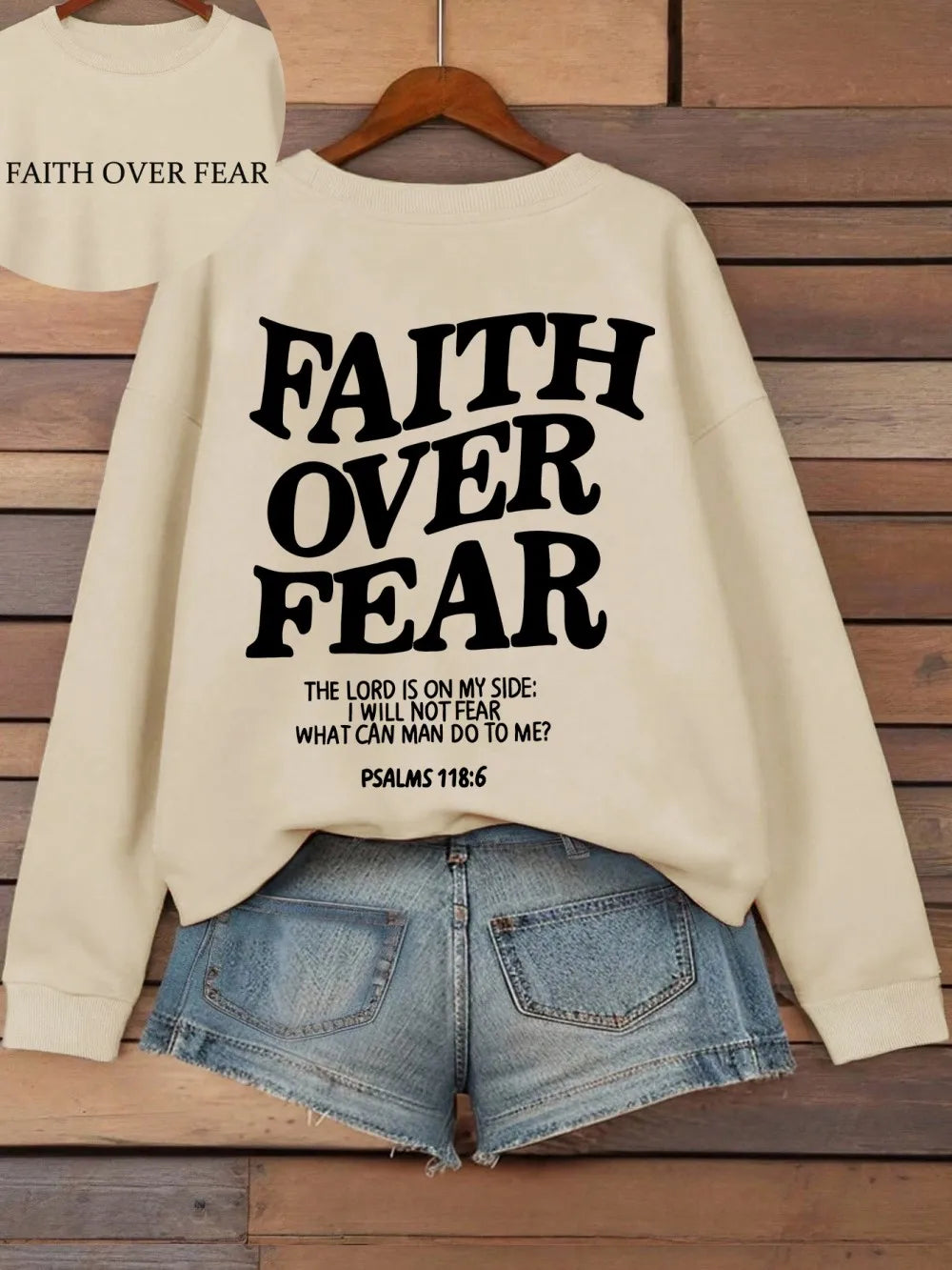 Hoodie mit Kapuze und "Faith Over Fear" Druck, lockere Passform