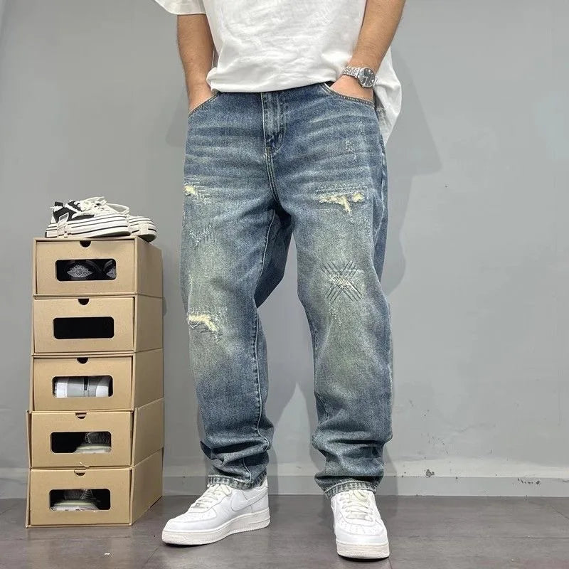 Jeans Herren Weite Passform Used-Look Blau Zerrissen