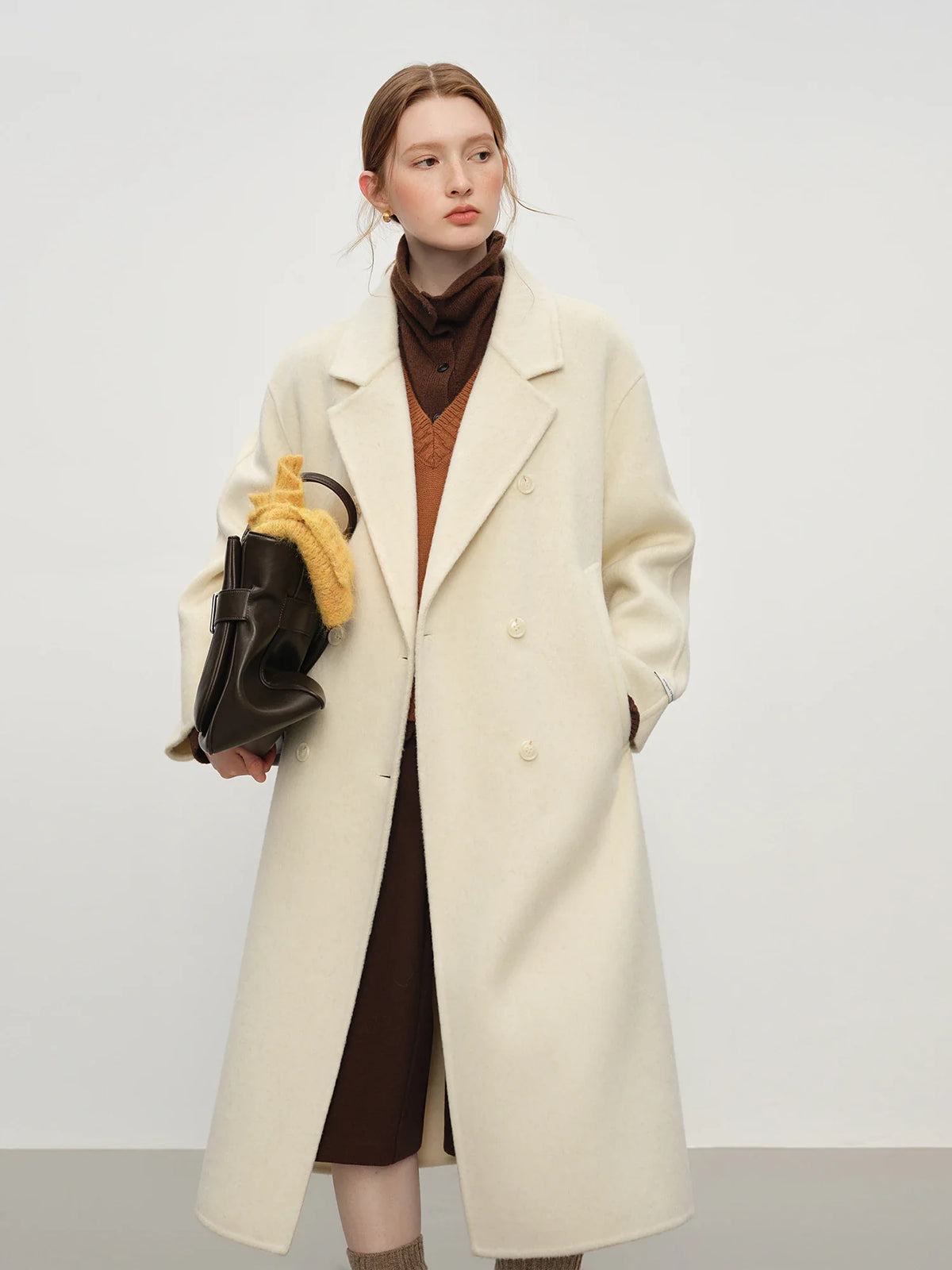 Damen Langer Mantel Zweireihig mit Bindegürtel Klassischer Wollmantel Warm