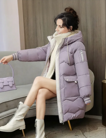 Damen Winter Steppjacke mit Kapuze und Streifenbündchen