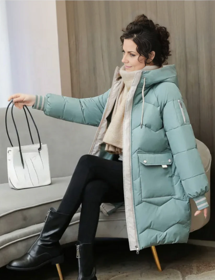 Damen Winter Steppjacke mit Kapuze und Streifenbündchen