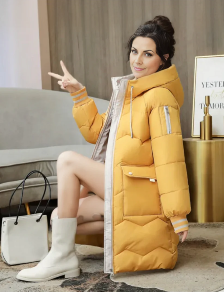 Damen Winter Steppjacke mit Kapuze und Streifenbündchen